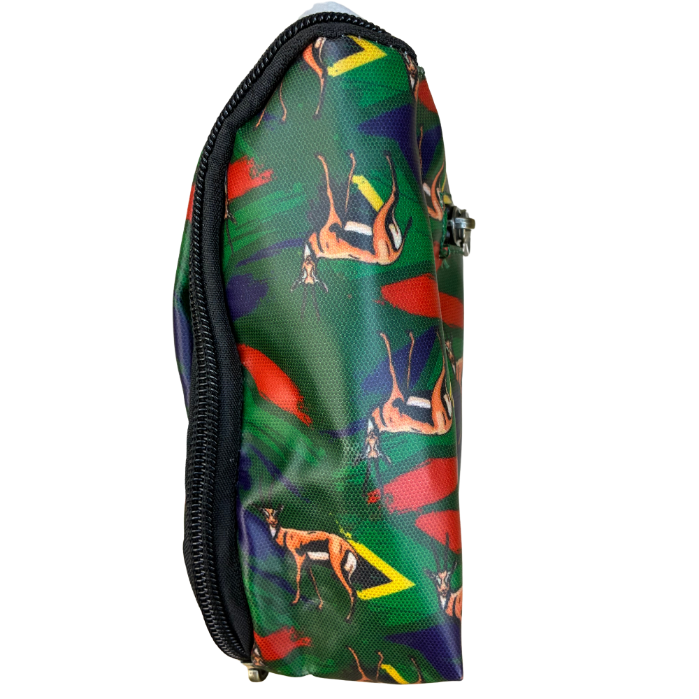 Cotton Road Toiletry Bag: DARK GREEN SPRINGBOK KIDS PVC Hanging Vanity Bag SIDE VIEW CLOSED