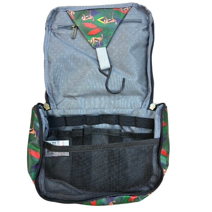 Cotton Road Toiletry Bag: DARK GREEN SPRINGBOK KIDS PVC Hanging Vanity Bag open
