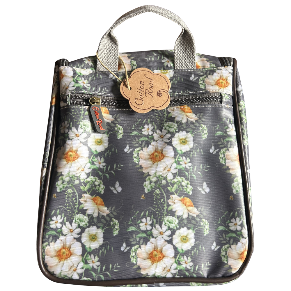 Cotton Road Toiletry Bag: DARK GREY with IVORY FLOWERS PVC Hanging Vanity Bag BACK