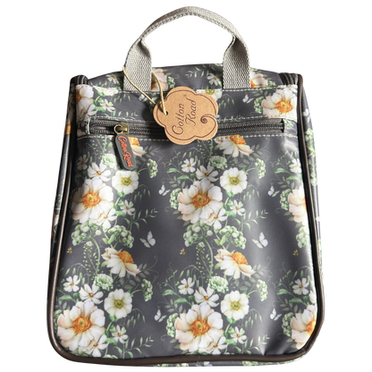 Cotton Road Toiletry Bag: DARK GREY with IVORY FLOWERS PVC Hanging Vanity Bag BACK