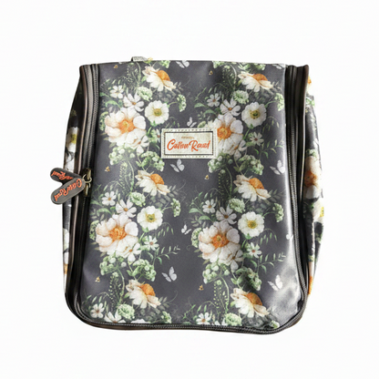 Cotton Road Toiletry Bag: DARK GREY with IVORY FLOWERS PVC Hanging Vanity Bag FRONT