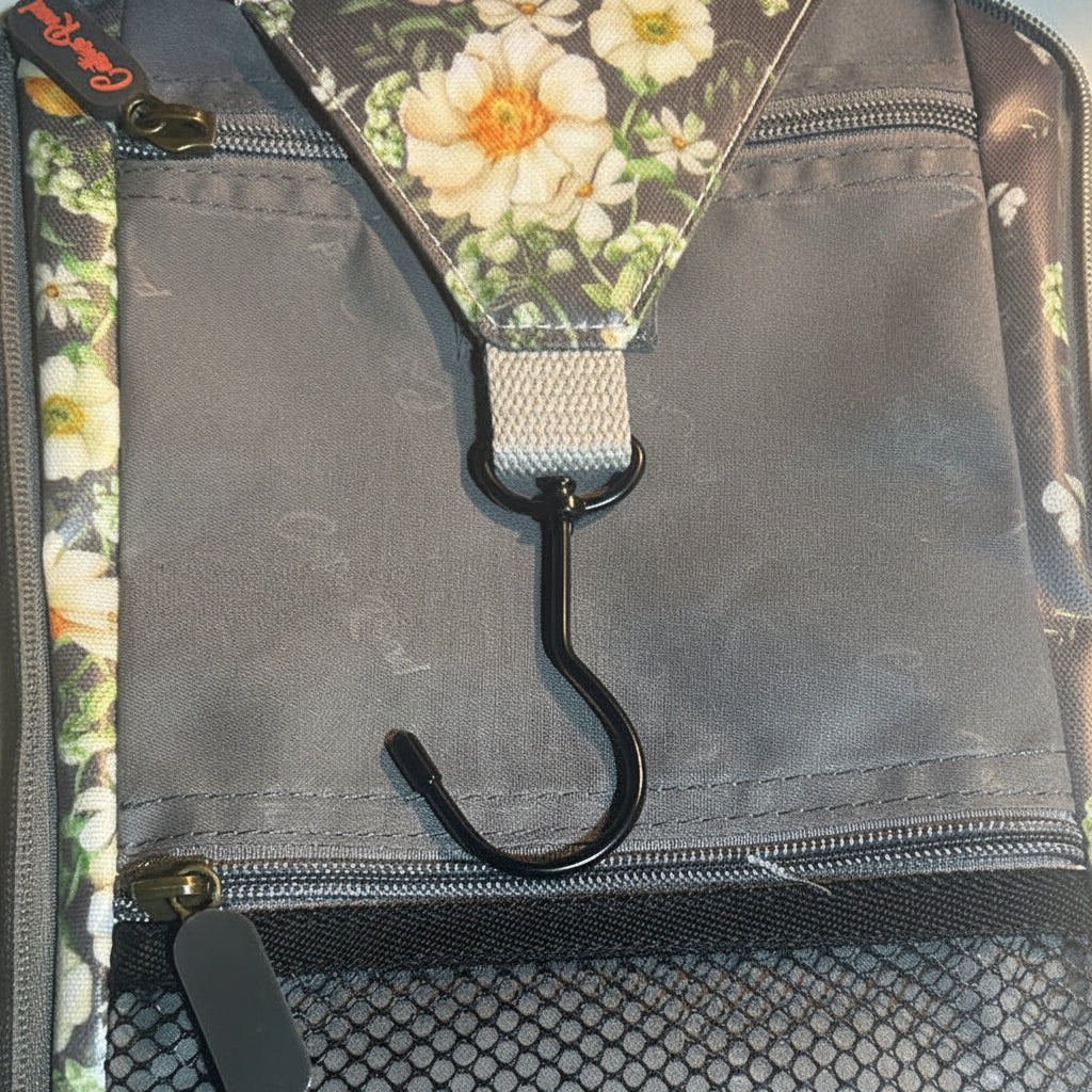 Cotton Road Toiletry Bag: DARK GREY with IVORY FLOWERS PVC Hanging Vanity Bag HANGING HOOK