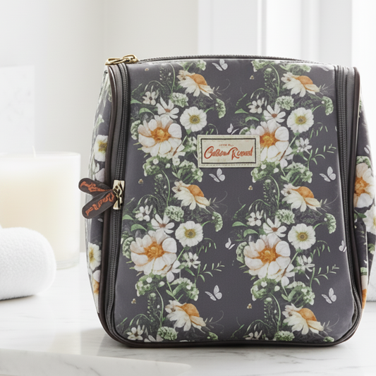 Cotton Road Toiletry Bag: DARK GREY with IVORY FLOWERS PVC Hanging Vanity Bag