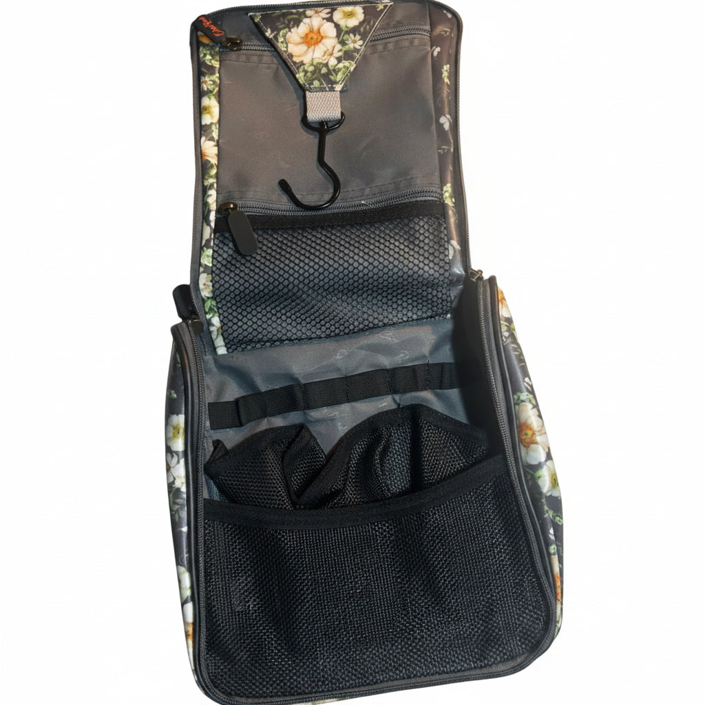 Cotton Road Toiletry Bag: DARK GREY with IVORY FLOWERS PVC Hanging Vanity Bag OPEN
