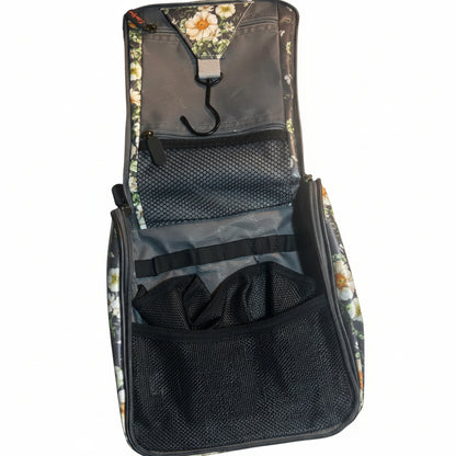 Cotton Road Toiletry Bag: DARK GREY with IVORY FLOWERS PVC Hanging Vanity Bag OPEN