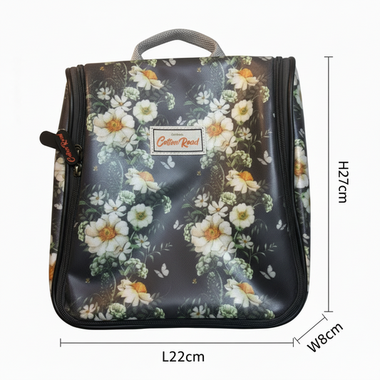 Cotton Road Toiletry Bag: DARK GREY with IVORY FLOWERS PVC Hanging Vanity Bag SIZE