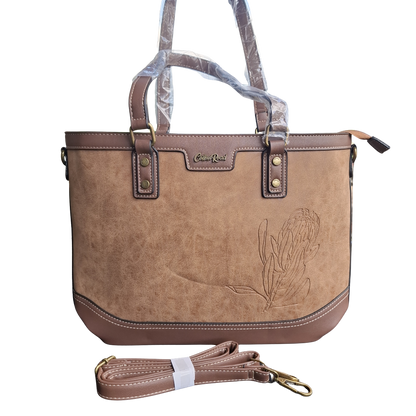Cotton Road Tote Bag: BROWN PU Leather Shopper Bag with Embossed Protea
