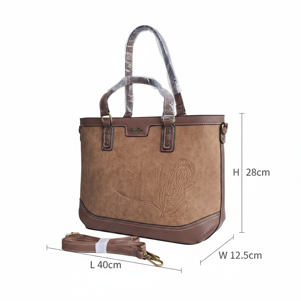 Cotton Road Tote Bag: BROWN PU Leather Shopper Bag with Embossed Protea