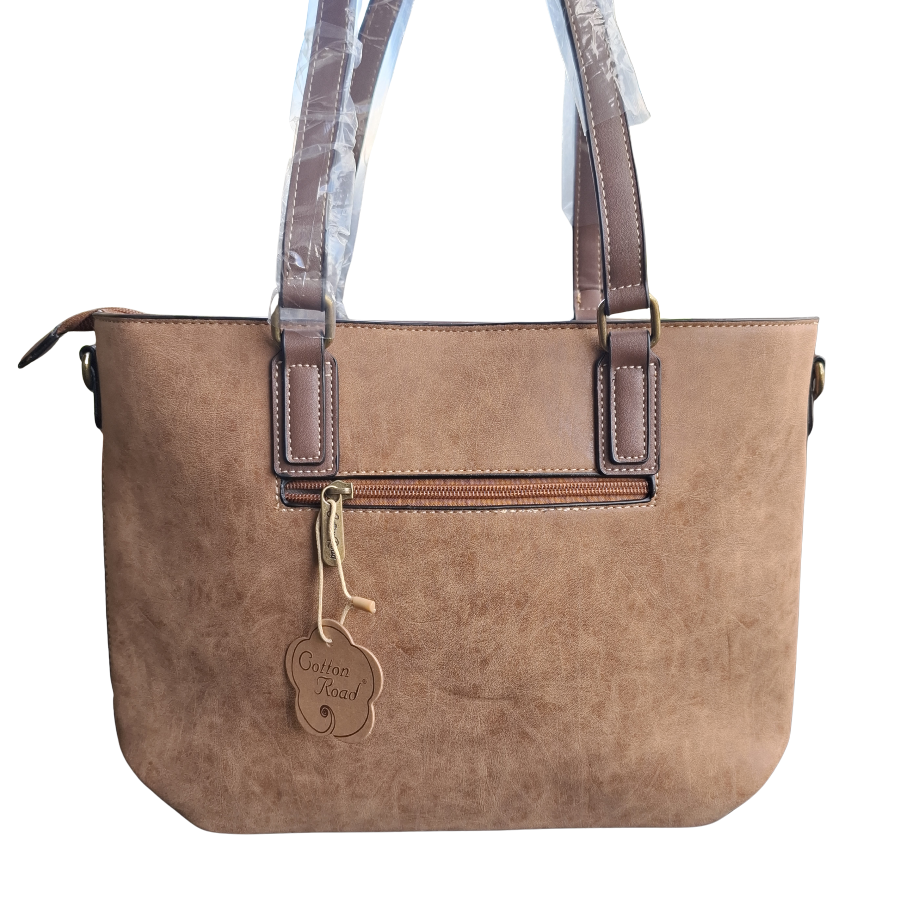 Cotton Road Tote Bag: BROWN PU Leather Shopper Bag with Embossed Protea BACK