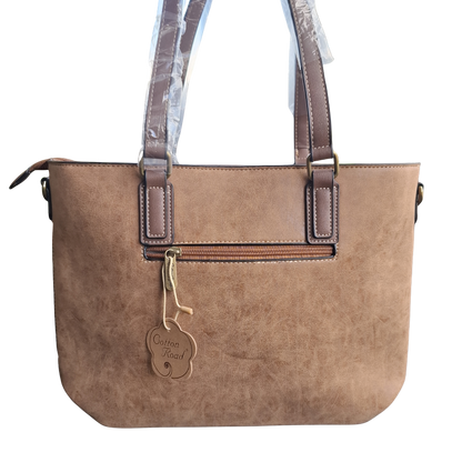 Cotton Road Tote Bag: BROWN PU Leather Shopper Bag with Embossed Protea BACK