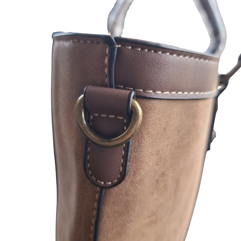 Cotton Road Tote Bag: BROWN PU Leather Shopper Bag with Embossed Protea DETAIL