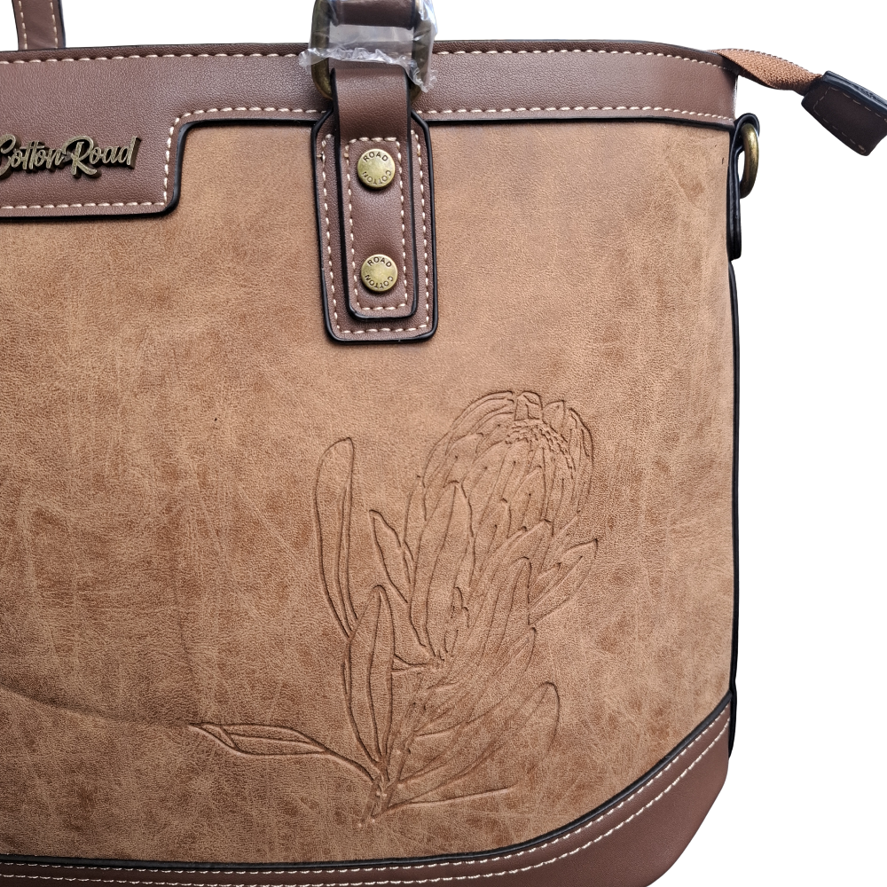 Cotton Road Tote Bag: BROWN PU Leather Shopper Bag with Embossed Protea DETAILING