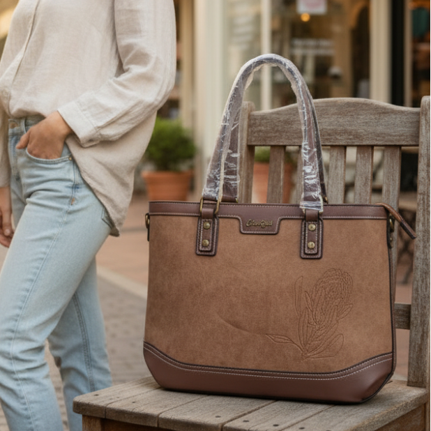Cotton Road Tote Bag: BROWN PU Leather Shopper Bag with Embossed Protea LIFESTYLE