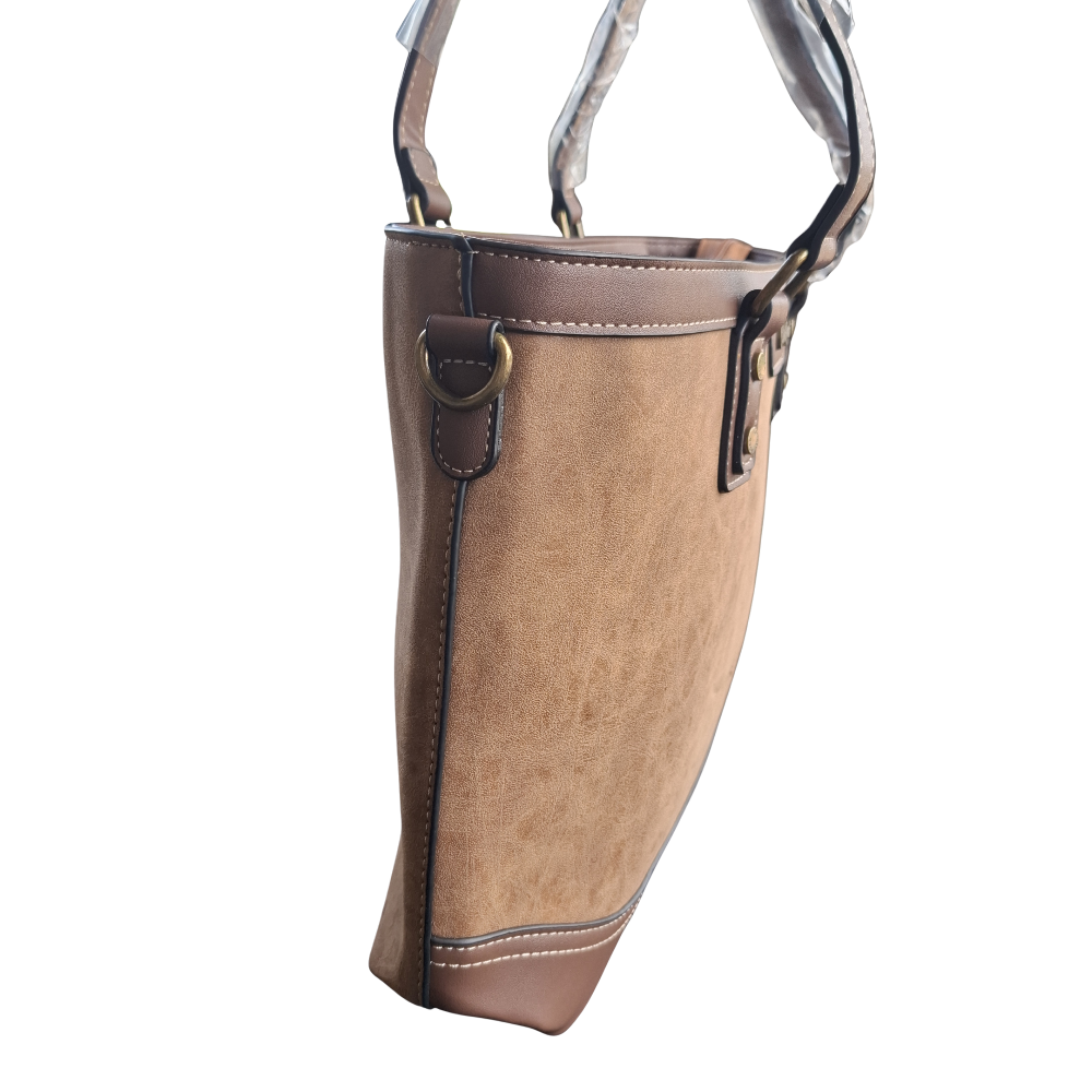 Cotton Road Tote Bag: BROWN PU Leather Shopper Bag with Embossed Protea SIDE
