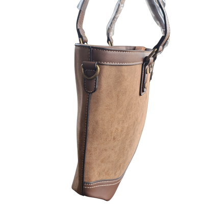 Cotton Road Tote Bag: BROWN PU Leather Shopper Bag with Embossed Protea SIDE