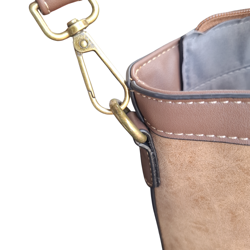 Cotton Road Tote Bag: BROWN PU Leather Shopper Bag with Embossed Protea STRAP CONNECTION