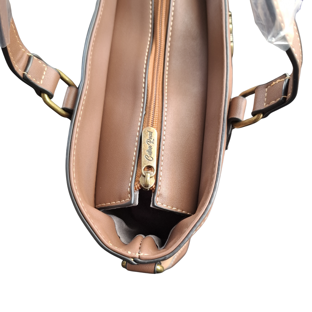 Cotton Road Tote Bag: BROWN PU Leather Shopper Bag with Embossed Protea TOP ZIP