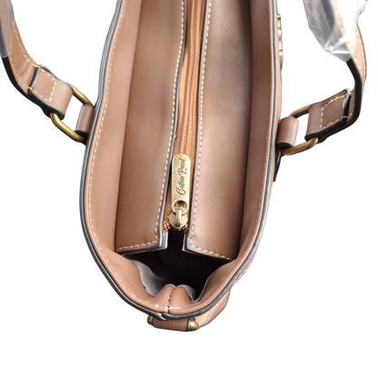 Cotton Road Tote Bag: BROWN PU Leather Shopper Bag with Embossed Protea TOP ZIP
