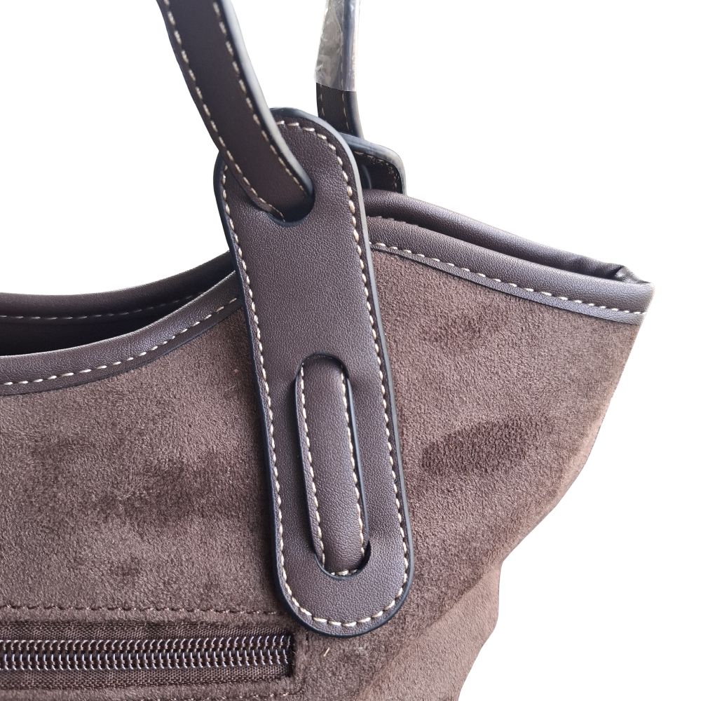 Cotton Road Tote Bag: DARK COFFEE BROWN Matte Suede Shopper Bag DETAIL