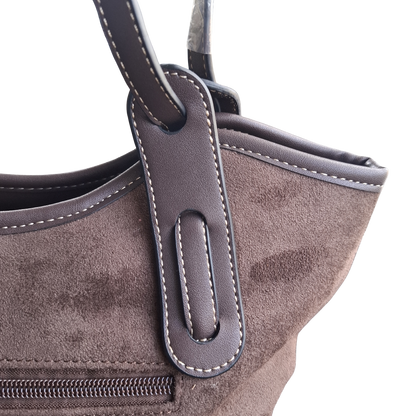 Cotton Road Tote Bag: DARK COFFEE BROWN Matte Suede Shopper Bag DETAIL