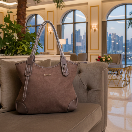 Cotton Road Tote Bag: DARK COFFEE BROWN Matte Suede Shopper Bag LIFESTYLE