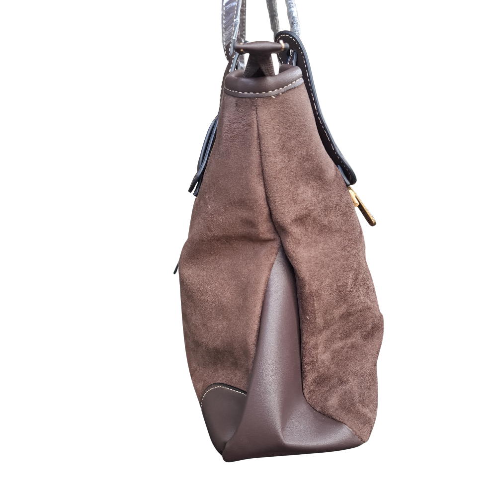 Cotton Road Tote Bag: DARK COFFEE BROWN Matte Suede Shopper Bag SIDE