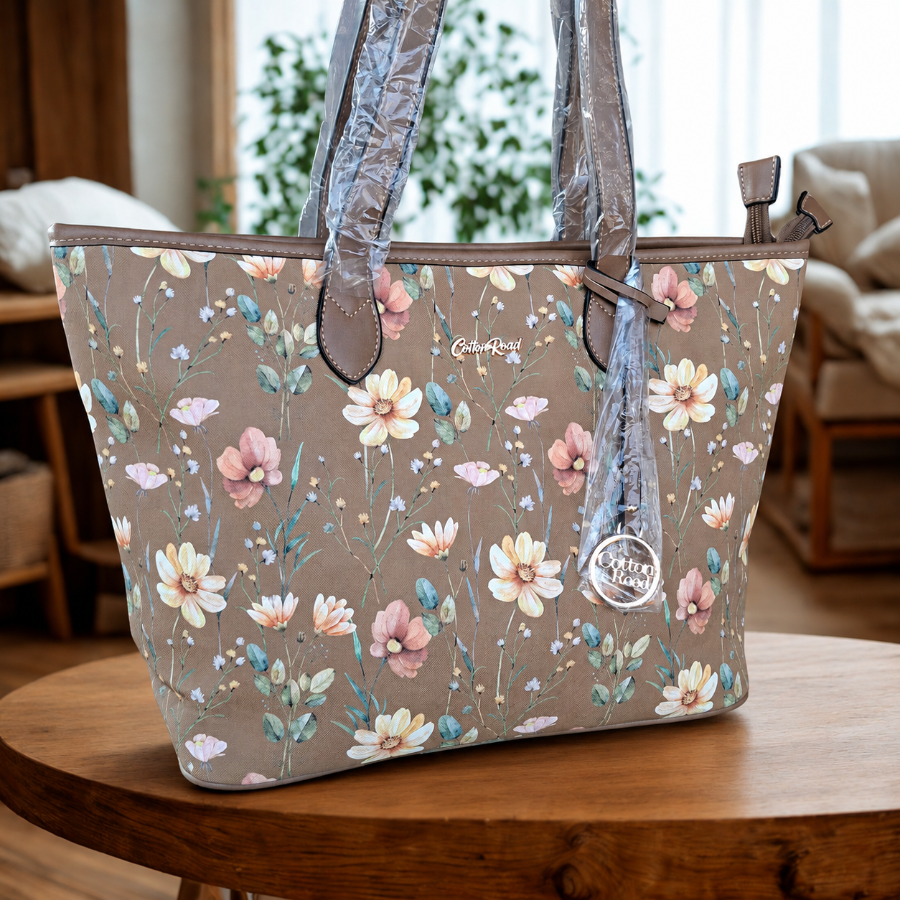 Cotton Road Tote Bag: KHAKI PU Leather Floral Shopper with Couchette HERO
