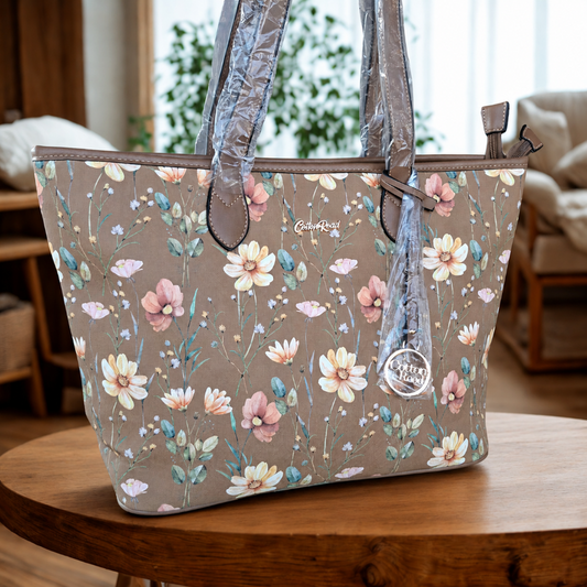Cotton Road Tote Bag: KHAKI PU Leather Floral Shopper with Couchette HERO