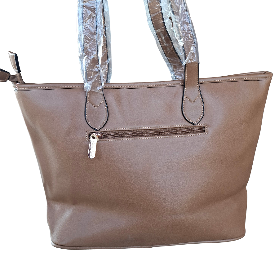 Cotton Road Tote Bag: KHAKI PU Leather Floral Shopper with Couchette back view