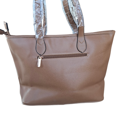 Cotton Road Tote Bag: KHAKI PU Leather Floral Shopper with Couchette back view