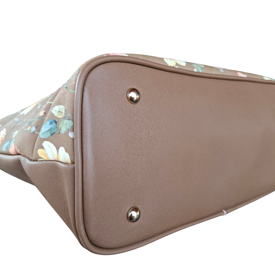 Cotton Road Tote Bag: KHAKI PU Leather Floral Shopper with Couchette bottom detail