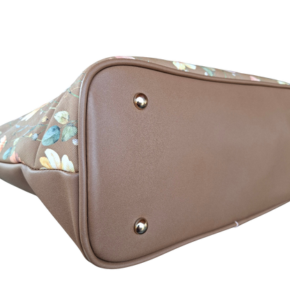 Cotton Road Tote Bag: KHAKI PU Leather Floral Shopper with Couchette bottom detail