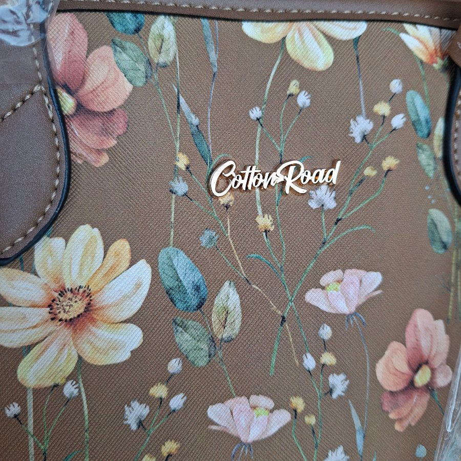 Cotton Road Tote Bag: KHAKI PU Leather Floral Shopper with Couchette branding