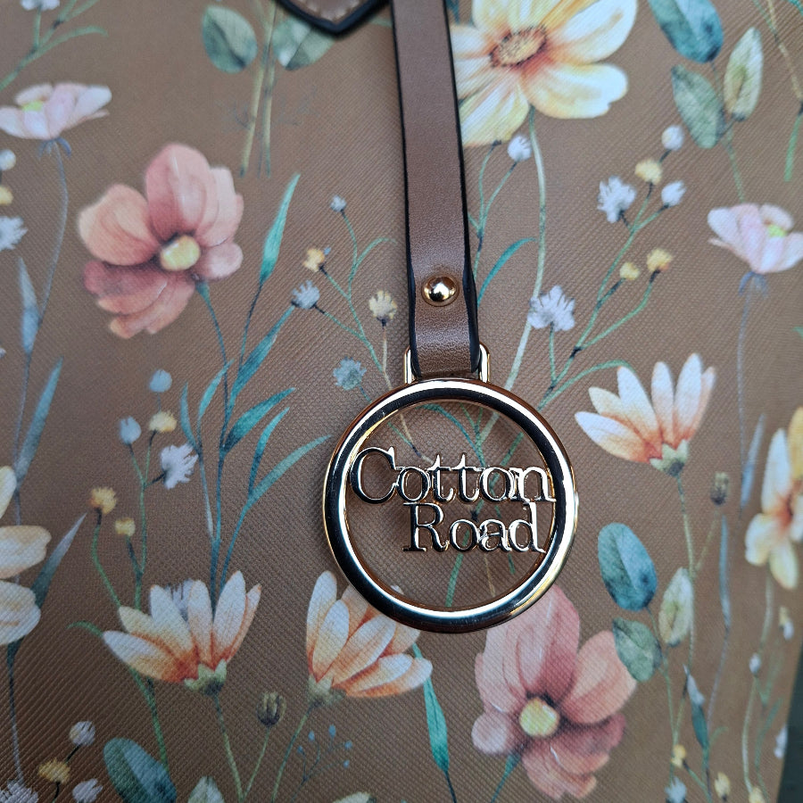Cotton Road Tote Bag: KHAKI PU Leather Floral Shopper with Couchette detailing