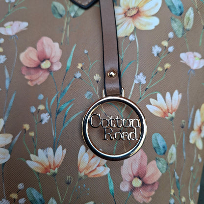 Cotton Road Tote Bag: KHAKI PU Leather Floral Shopper with Couchette detailing