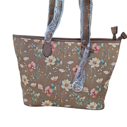 Cotton Road Tote Bag: KHAKI PU Leather Floral Shopper with Couchette front view detail