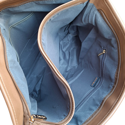Cotton Road Tote Bag: KHAKI PU Leather Floral Shopper with Couchette inside