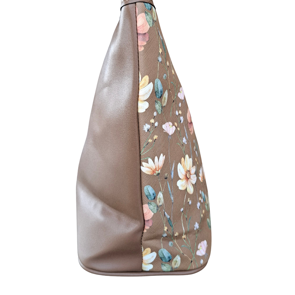 Cotton Road Tote Bag: KHAKI PU Leather Floral Shopper with Couchette side