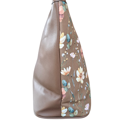 Cotton Road Tote Bag: KHAKI PU Leather Floral Shopper with Couchette side