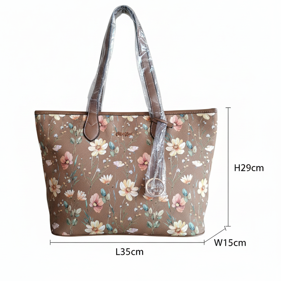 Cotton Road Tote Bag: KHAKI PU Leather Floral Shopper with Couchette size