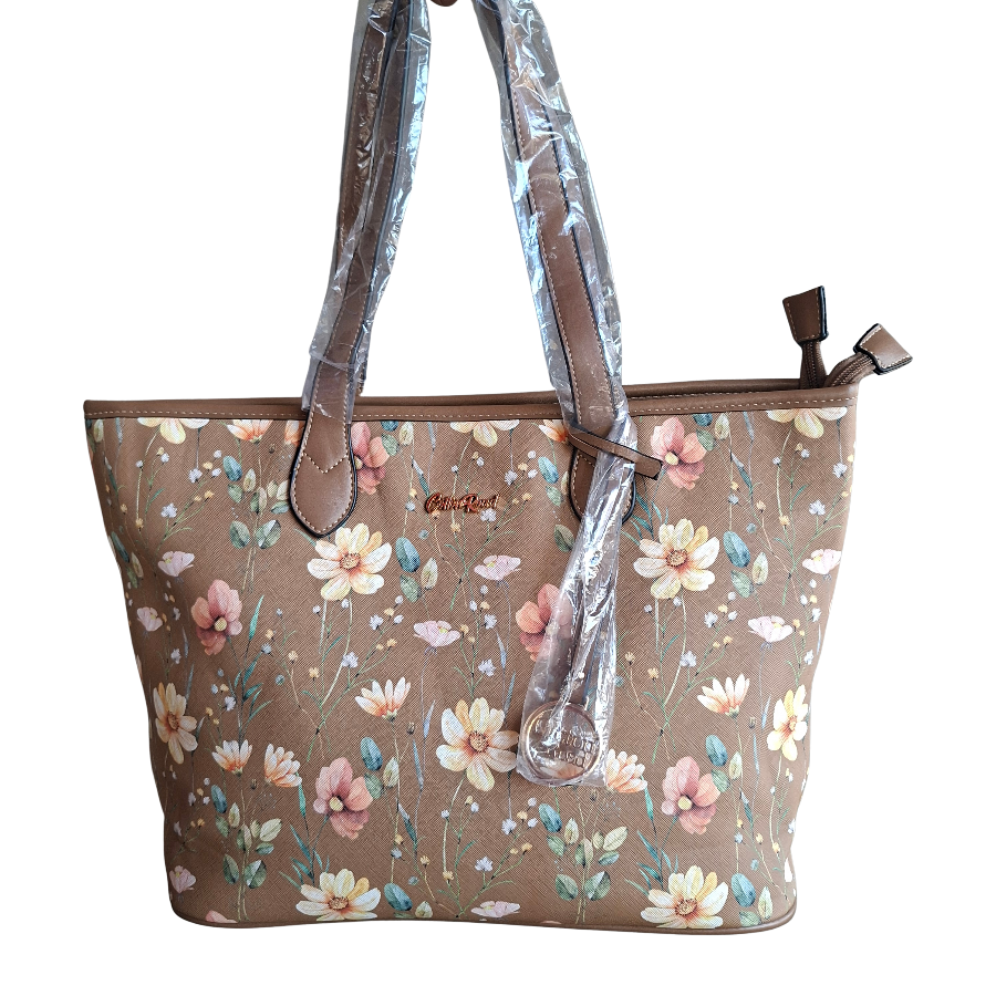 Cotton Road Tote Bag: KHAKI PU Leather Floral Shopper with Couchette zoom