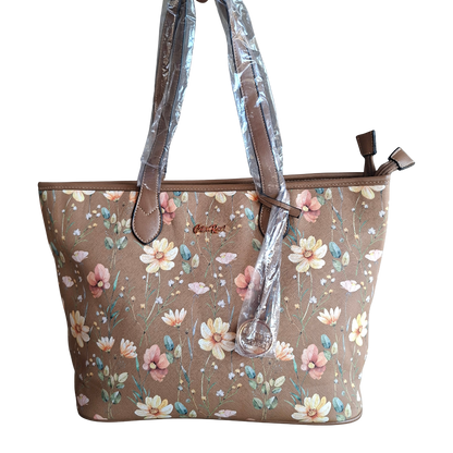 Cotton Road Tote Bag: KHAKI PU Leather Floral Shopper with Couchette zoom