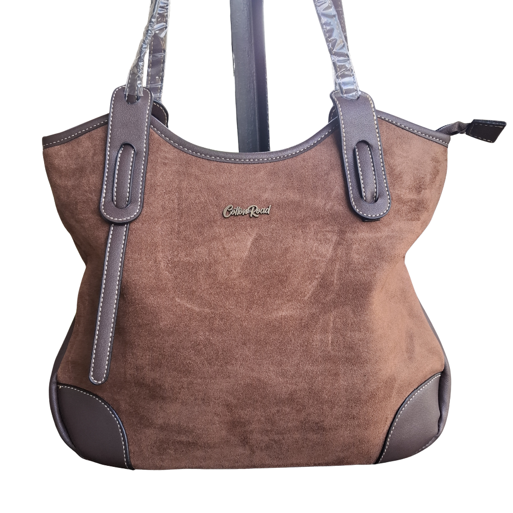Cotton Road Tote Bag: LIGHT COFFEE BROWN Matte Suede Shopper Bag FRONT