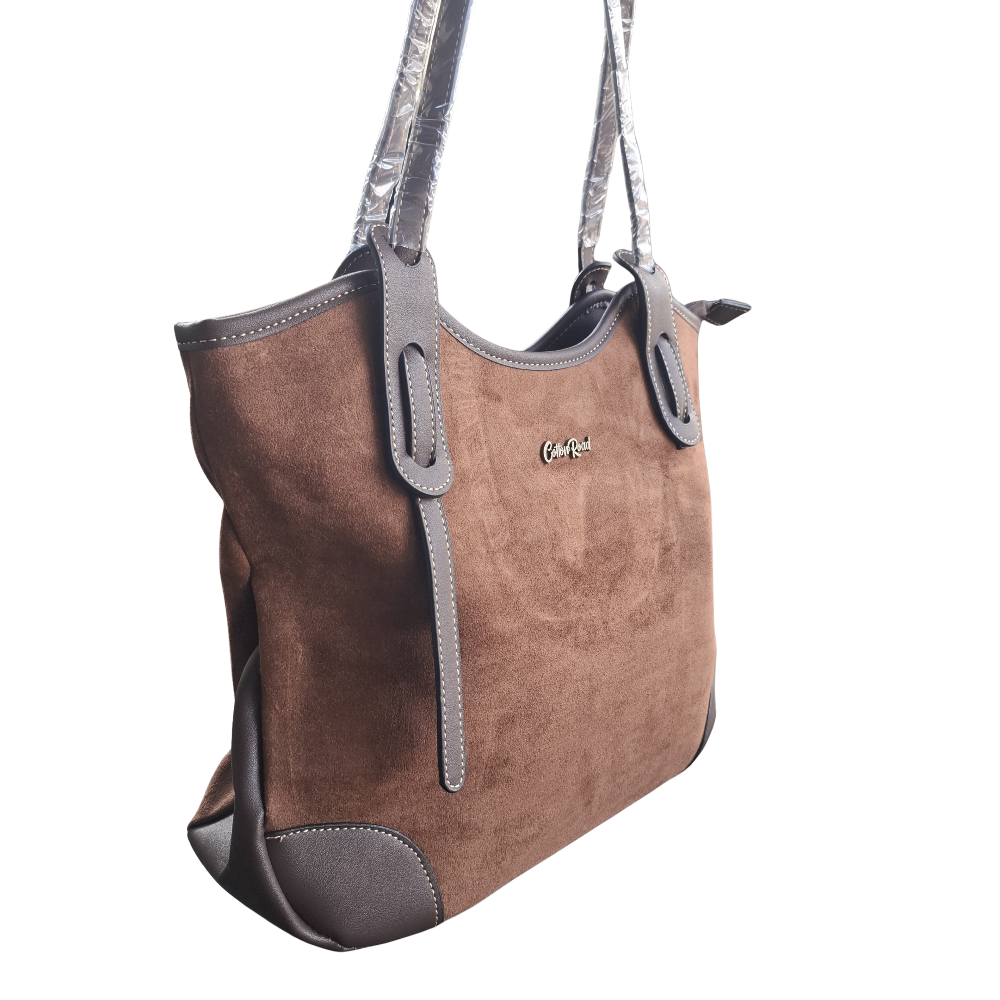 Cotton Road Tote Bag: LIGHT COFFEE BROWN Matte Suede Shopper Bag SIDE