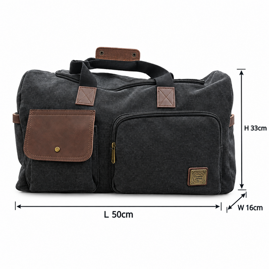 Cotton Road Travel Bag: BLACK Canvas Duffel with BROWN PU Leather Trim