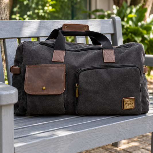 Cotton Road Travel Bag: BLACK Canvas Duffel with BROWN PU Leather Trim HERO