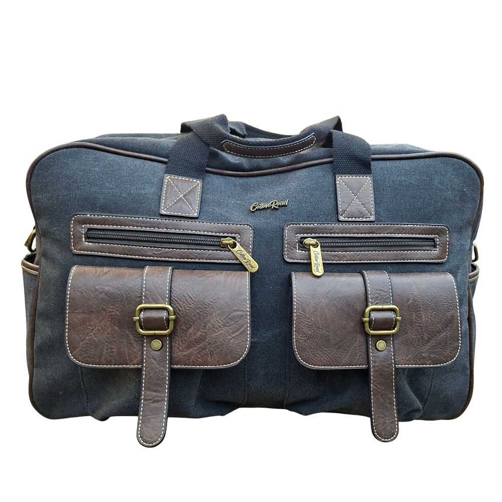 Cotton Road Travel Bag: BLACK Canvas bag with PU Leather Trim