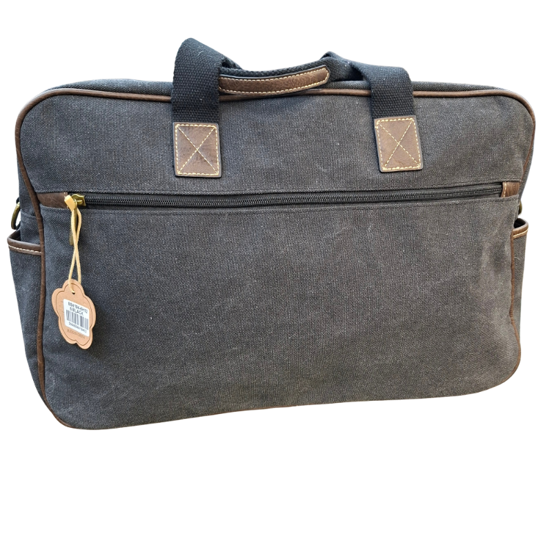 Cotton Road Travel Bag: BLACK Canvas bag with PU Leather Trim BACK SIDE VIEW