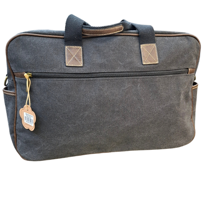 Cotton Road Travel Bag: BLACK Canvas bag with PU Leather Trim BACK SIDE VIEW