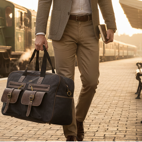 Cotton Road Travel Bag: BLACK Canvas bag with PU Leather Trim LIFESTYLE